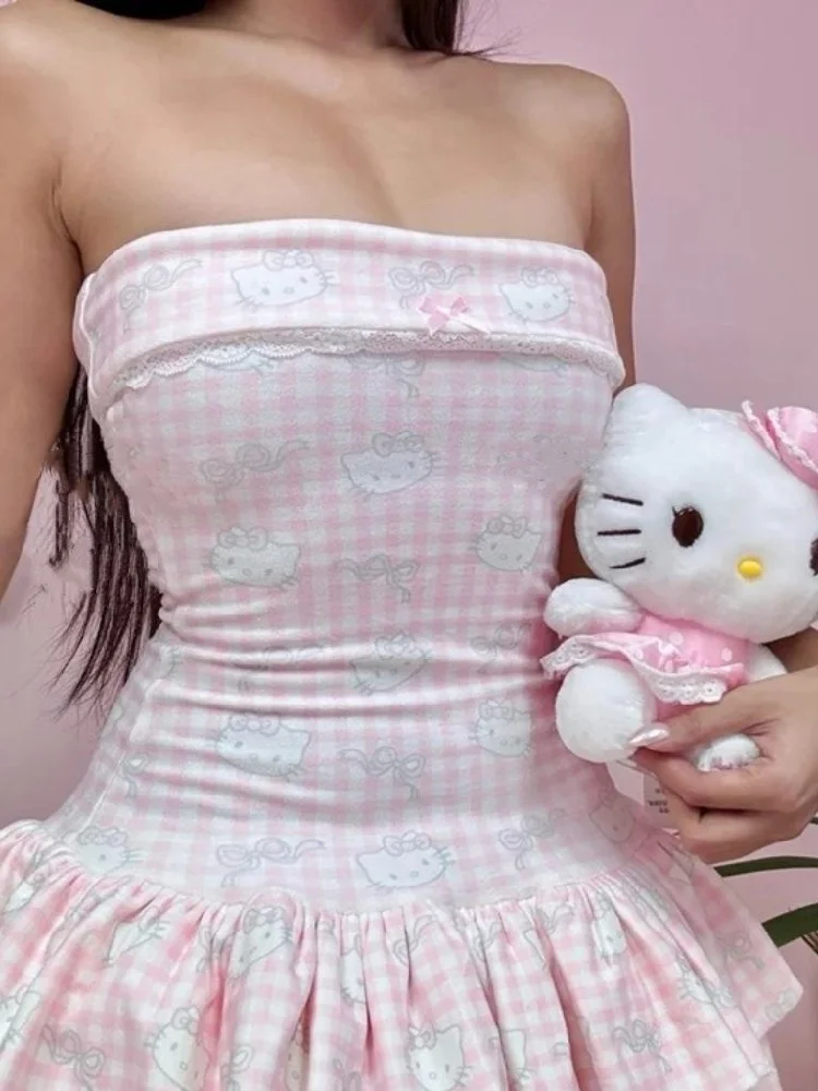 Sanrio Japanese Retro Kawaii Cartoon Kitten Print Dress New Y2K Slim-Fit Cake Skirt Women’s Harajuku Sexy Strapless Dresses Hot