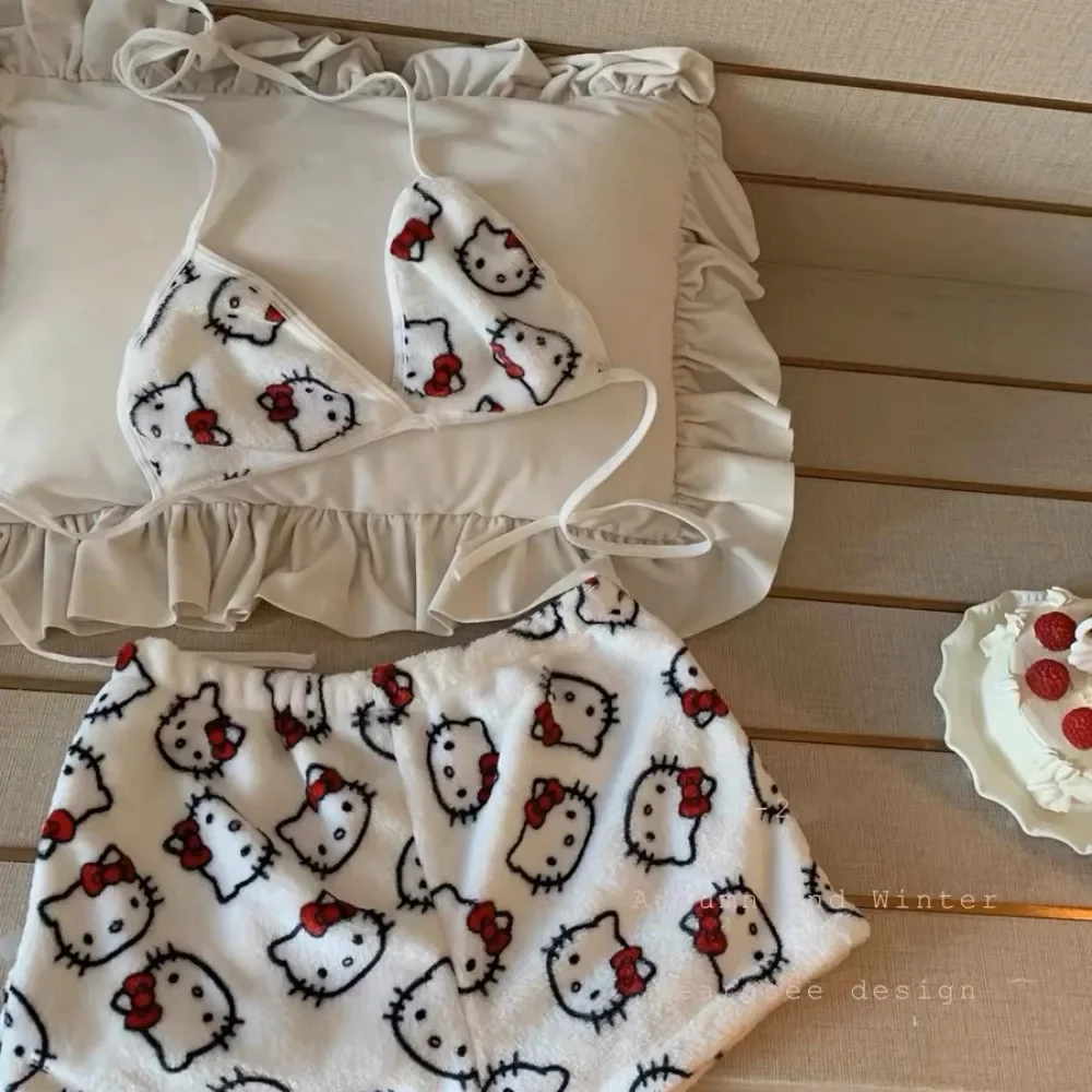 2pcs/Set Sanrio Hello Kitty Pajama Anime Kawaii Women Home Underwear Household Clothes Summer Beachwear Bra Shorts Girl Bikini