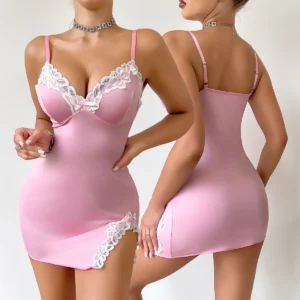 Summer hot Women Nightdress Seductive Pink Deep V Sleeveless Fashion Lace Sleep Pajamas Dress Ladies Lingerie Nightgown Homewear