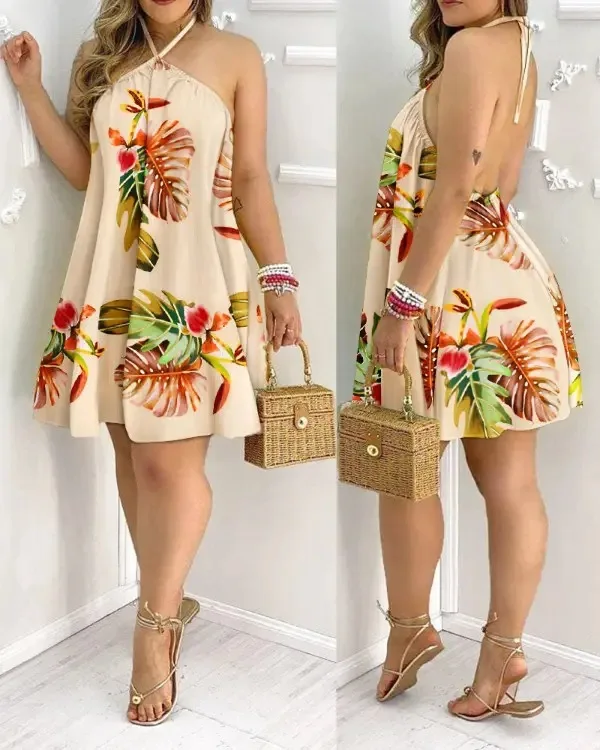 Tropical Print Halter Neck Dress, Vacation Style Backless Dress For Spring & Summer, Women’s Clothing