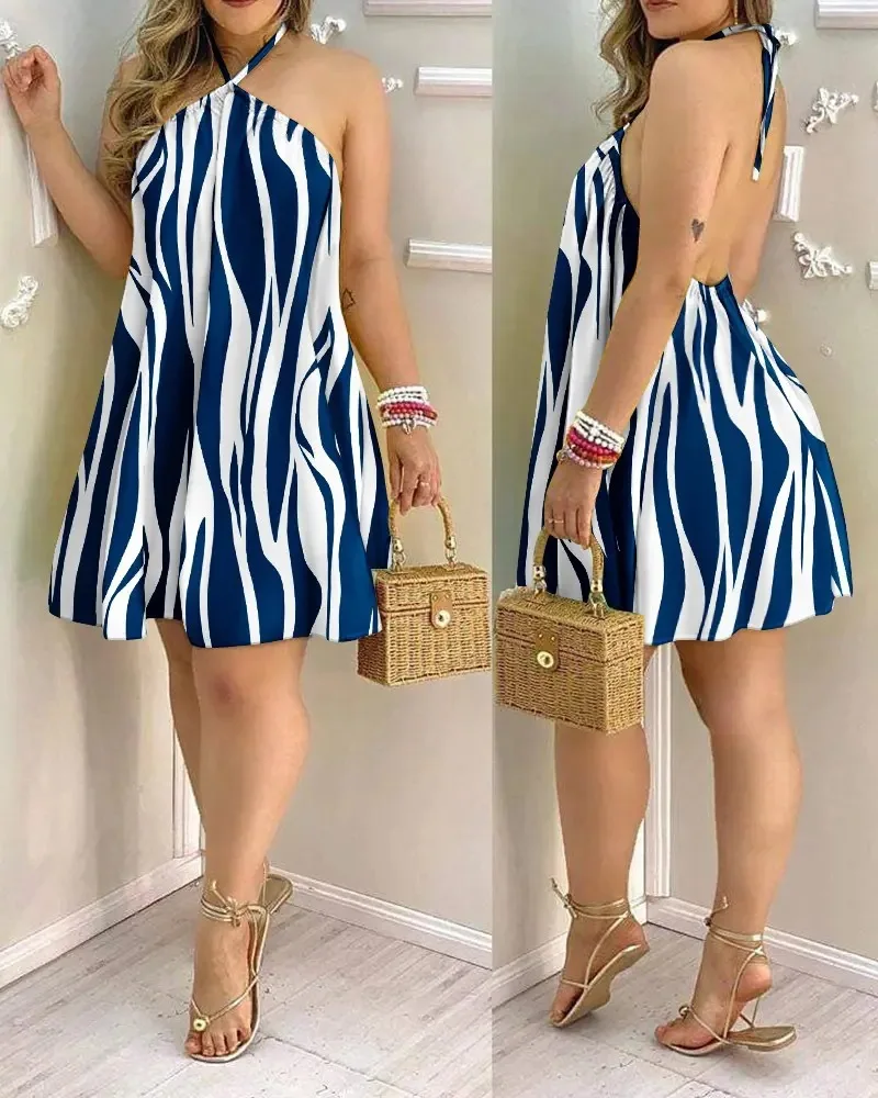 Tropical Print Halter Neck Dress, Vacation Style Backless Dress For Spring & Summer, Women’s Clothing hover