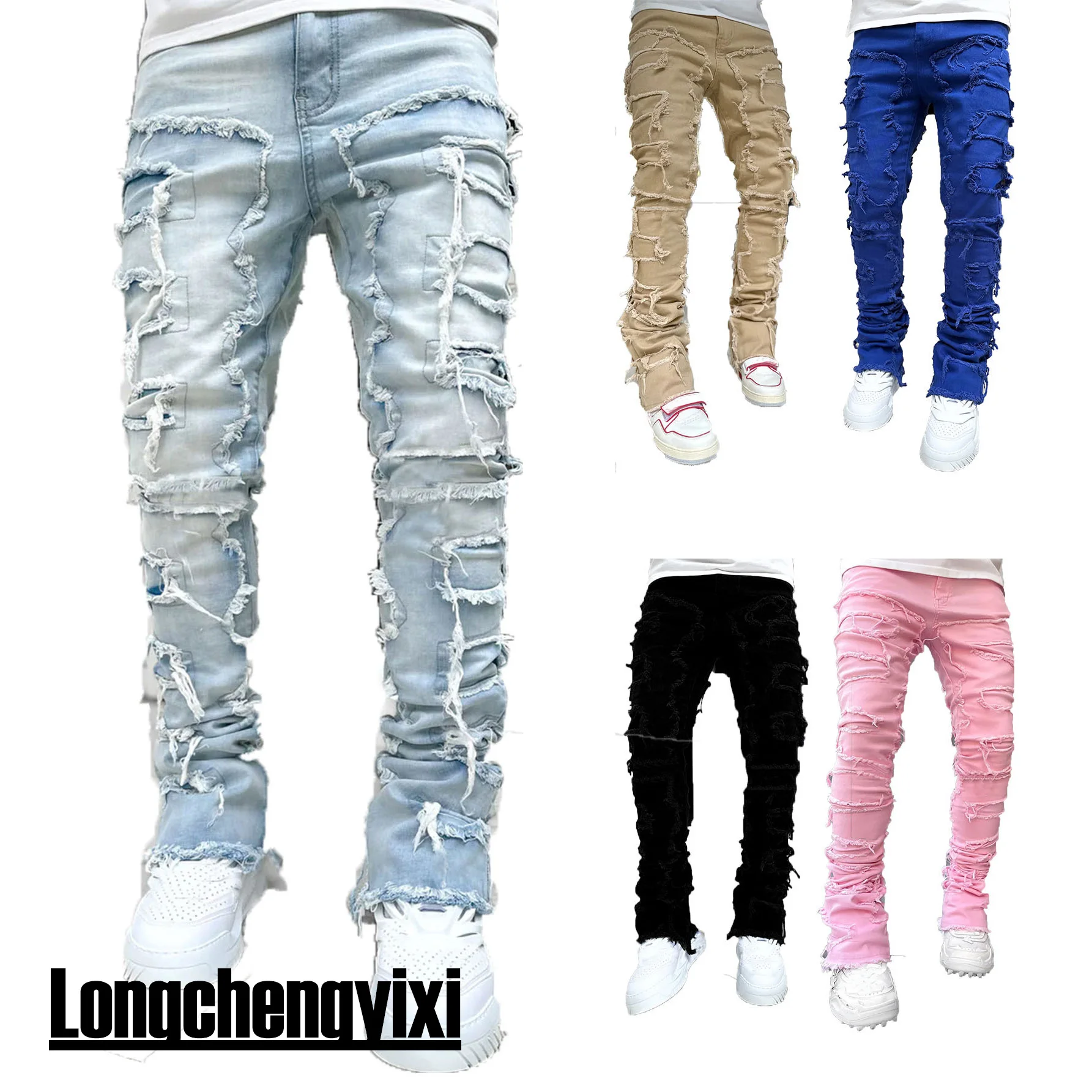 Men’s Regular Fit Stacked Jeans Ripped Slim Fit Patch Distressed Destroyed Straight Denim Pants Hip Hop Streetwear Trouser Cloth hover