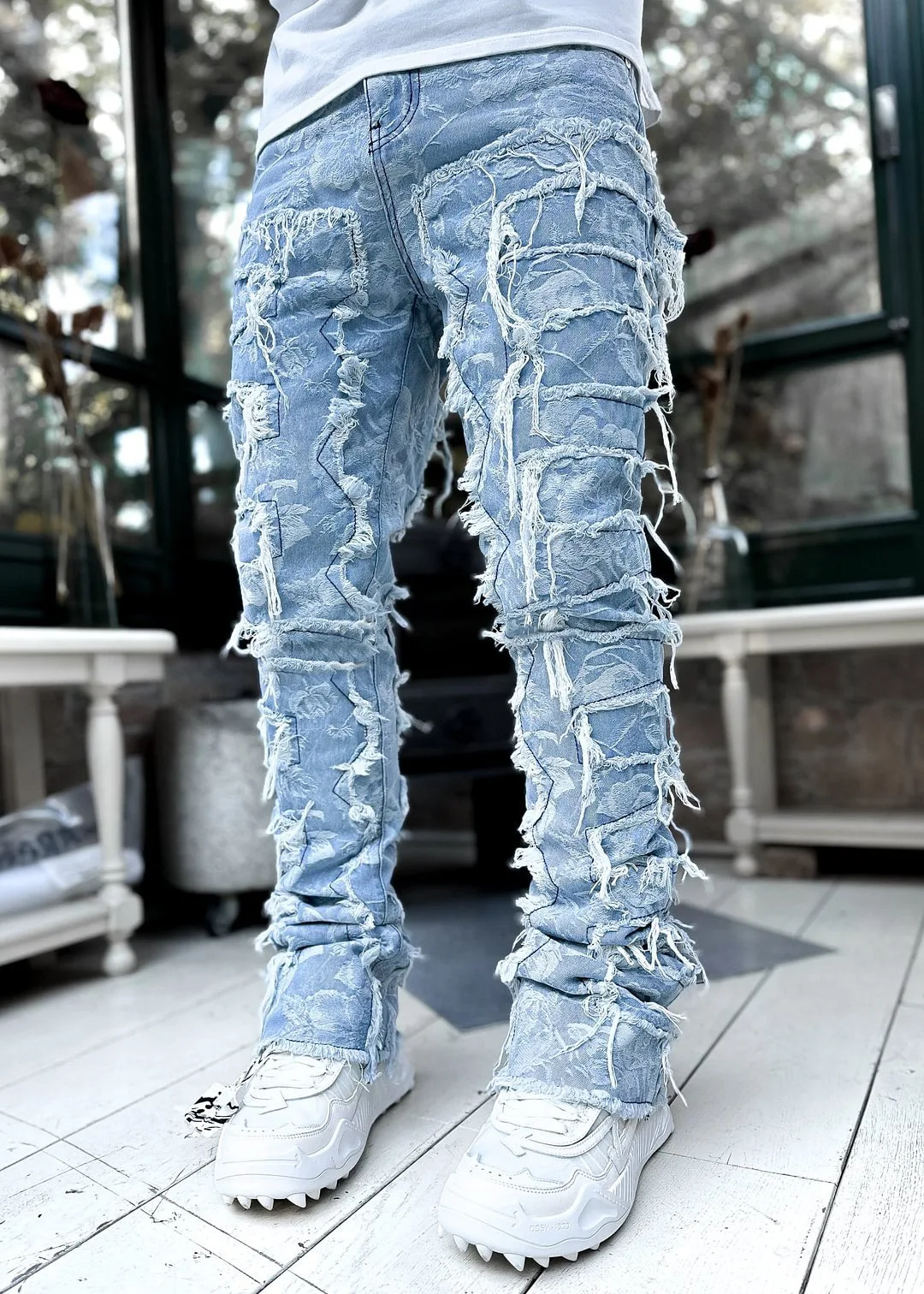Men’s Regular Fit Stacked Jeans Ripped Slim Fit Patch Distressed Destroyed Straight Denim Pants Hip Hop Streetwear Trouser Cloth