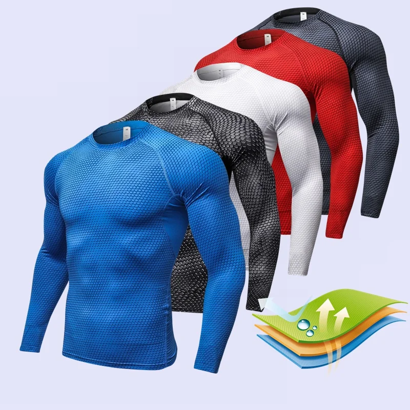 Men’s Fitness Running Training Long-Sleeved Shirts Tight Elastic Quick-Drying Clothes Gym T-Shirt Workout Athletic Undershirts